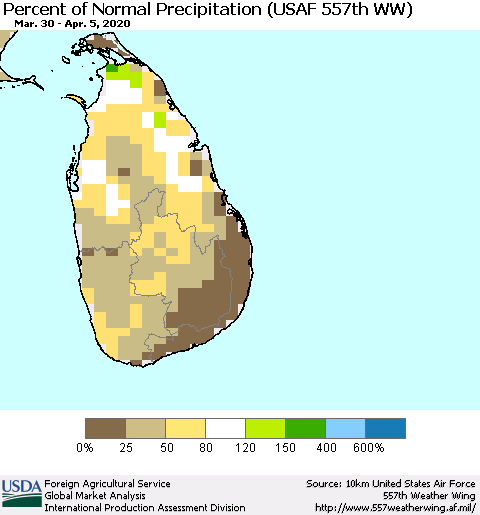 Sri Lanka Percent of Normal Precipitation (USAF 557th WW) Thematic Map For 3/30/2020 - 4/5/2020