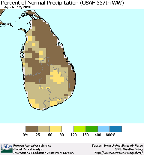 Sri Lanka Percent of Normal Precipitation (USAF 557th WW) Thematic Map For 4/6/2020 - 4/12/2020