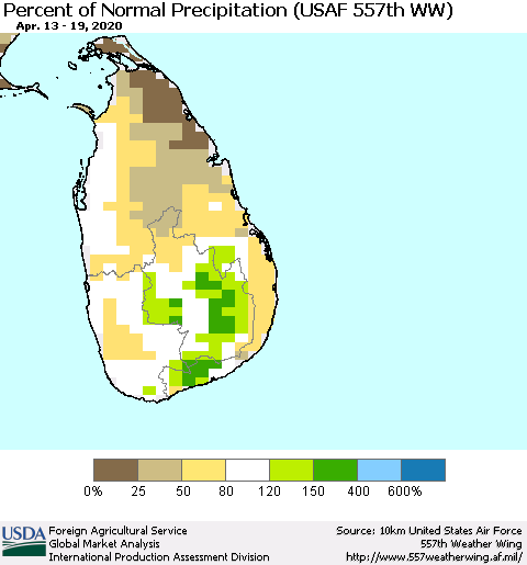Sri Lanka Percent of Normal Precipitation (USAF 557th WW) Thematic Map For 4/13/2020 - 4/19/2020