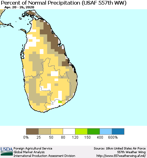 Sri Lanka Percent of Normal Precipitation (USAF 557th WW) Thematic Map For 4/20/2020 - 4/26/2020