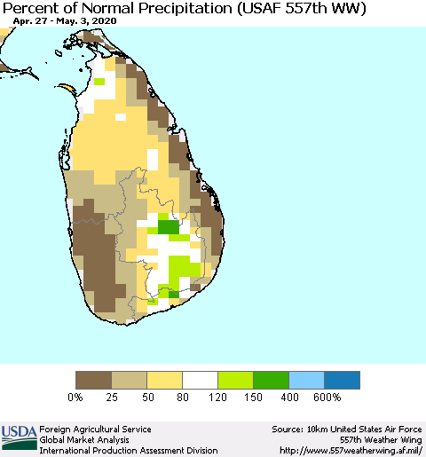Sri Lanka Percent of Normal Precipitation (USAF 557th WW) Thematic Map For 4/27/2020 - 5/3/2020