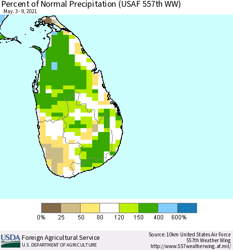 Sri Lanka Percent of Normal Precipitation (USAF 557th WW) Thematic Map For 5/3/2021 - 5/9/2021