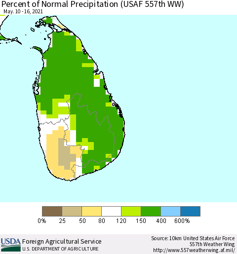 Sri Lanka Percent of Normal Precipitation (USAF 557th WW) Thematic Map For 5/10/2021 - 5/16/2021