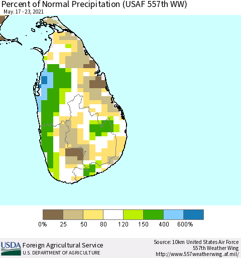 Sri Lanka Percent of Normal Precipitation (USAF 557th WW) Thematic Map For 5/17/2021 - 5/23/2021