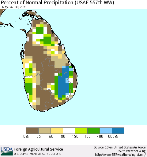 Sri Lanka Percent of Normal Precipitation (USAF 557th WW) Thematic Map For 5/24/2021 - 5/30/2021