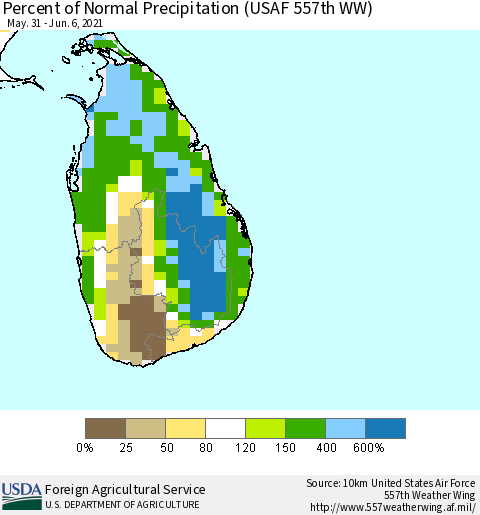 Sri Lanka Percent of Normal Precipitation (USAF 557th WW) Thematic Map For 5/31/2021 - 6/6/2021
