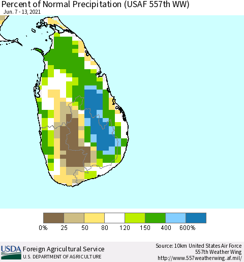 Sri Lanka Percent of Normal Precipitation (USAF 557th WW) Thematic Map For 6/7/2021 - 6/13/2021