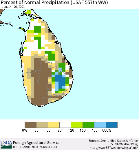 Sri Lanka Percent of Normal Precipitation (USAF 557th WW) Thematic Map For 6/14/2021 - 6/20/2021