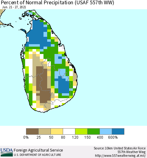 Sri Lanka Percent of Normal Precipitation (USAF 557th WW) Thematic Map For 6/21/2021 - 6/27/2021