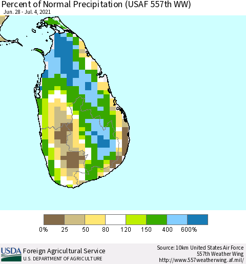 Sri Lanka Percent of Normal Precipitation (USAF 557th WW) Thematic Map For 6/28/2021 - 7/4/2021