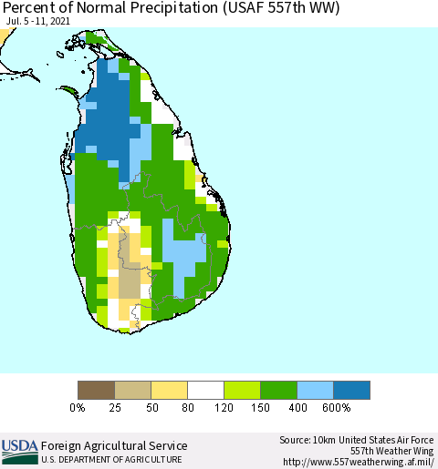 Sri Lanka Percent of Normal Precipitation (USAF 557th WW) Thematic Map For 7/5/2021 - 7/11/2021