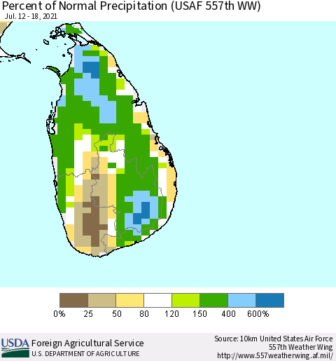 Sri Lanka Percent of Normal Precipitation (USAF 557th WW) Thematic Map For 7/12/2021 - 7/18/2021