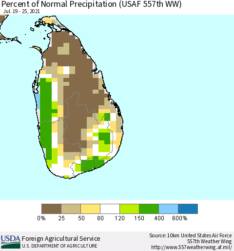 Sri Lanka Percent of Normal Precipitation (USAF 557th WW) Thematic Map For 7/19/2021 - 7/25/2021