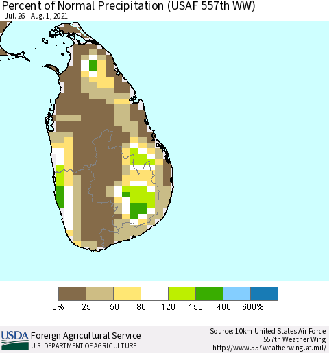 Sri Lanka Percent of Normal Precipitation (USAF 557th WW) Thematic Map For 7/26/2021 - 8/1/2021