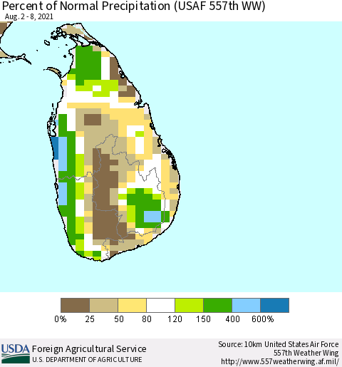 Sri Lanka Percent of Normal Precipitation (USAF 557th WW) Thematic Map For 8/2/2021 - 8/8/2021