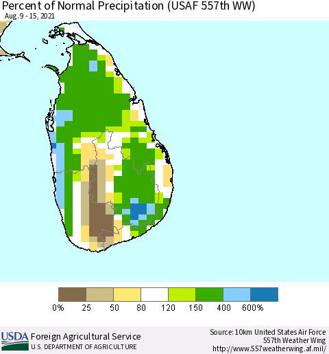 Sri Lanka Percent of Normal Precipitation (USAF 557th WW) Thematic Map For 8/9/2021 - 8/15/2021