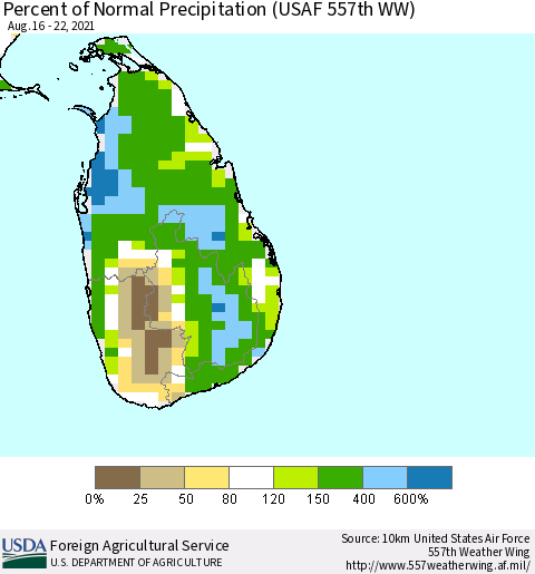 Sri Lanka Percent of Normal Precipitation (USAF 557th WW) Thematic Map For 8/16/2021 - 8/22/2021