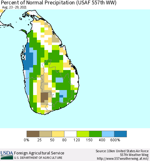 Sri Lanka Percent of Normal Precipitation (USAF 557th WW) Thematic Map For 8/23/2021 - 8/29/2021