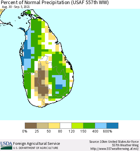 Sri Lanka Percent of Normal Precipitation (USAF 557th WW) Thematic Map For 8/30/2021 - 9/5/2021
