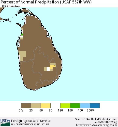 Sri Lanka Percent of Normal Precipitation (USAF 557th WW) Thematic Map For 9/6/2021 - 9/12/2021