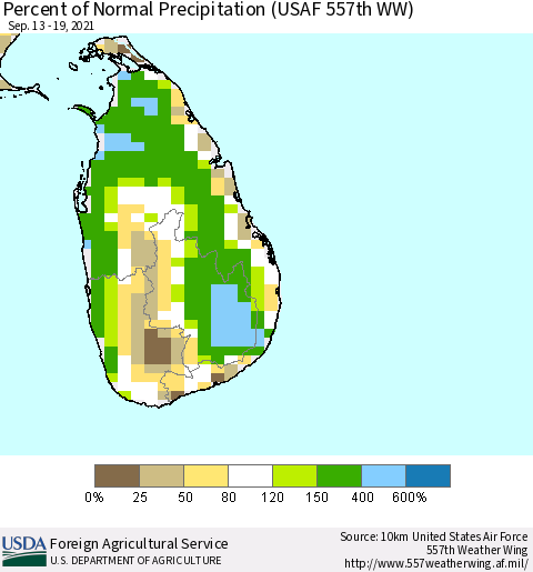 Sri Lanka Percent of Normal Precipitation (USAF 557th WW) Thematic Map For 9/13/2021 - 9/19/2021