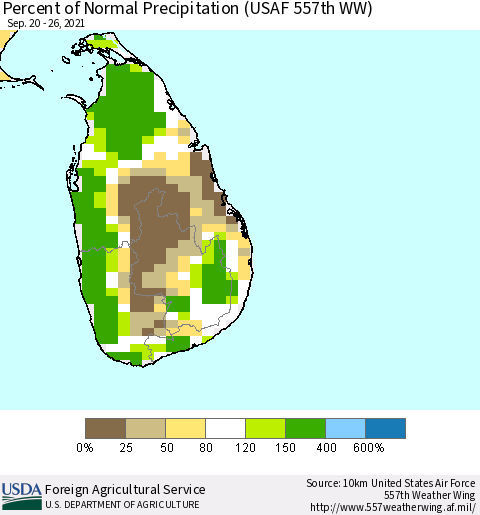 Sri Lanka Percent of Normal Precipitation (USAF 557th WW) Thematic Map For 9/20/2021 - 9/26/2021