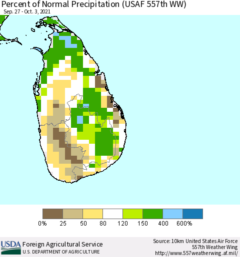 Sri Lanka Percent of Normal Precipitation (USAF 557th WW) Thematic Map For 9/27/2021 - 10/3/2021