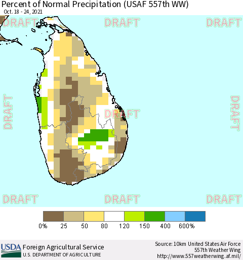 Sri Lanka Percent of Normal Precipitation (USAF 557th WW) Thematic Map For 10/18/2021 - 10/24/2021