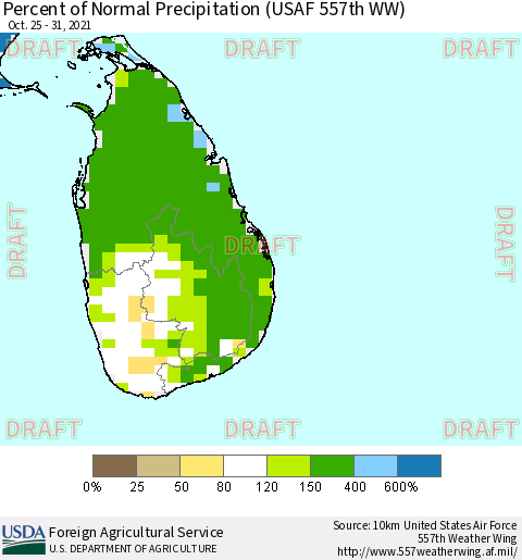 Sri Lanka Percent of Normal Precipitation (USAF 557th WW) Thematic Map For 10/25/2021 - 10/31/2021