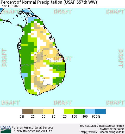 Sri Lanka Percent of Normal Precipitation (USAF 557th WW) Thematic Map For 11/1/2021 - 11/7/2021