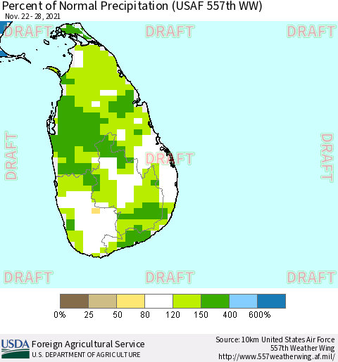 Sri Lanka Percent of Normal Precipitation (USAF 557th WW) Thematic Map For 11/22/2021 - 11/28/2021