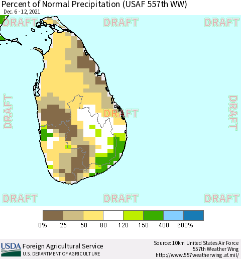 Sri Lanka Percent of Normal Precipitation (USAF 557th WW) Thematic Map For 12/6/2021 - 12/12/2021