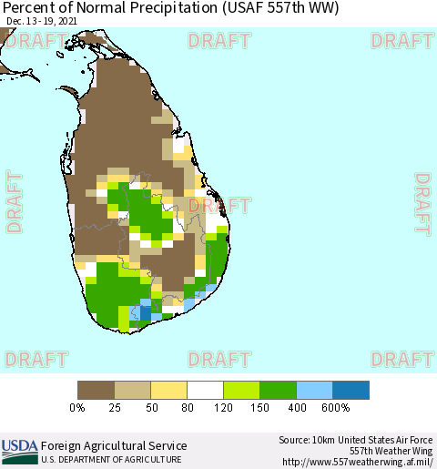 Sri Lanka Percent of Normal Precipitation (USAF 557th WW) Thematic Map For 12/13/2021 - 12/19/2021