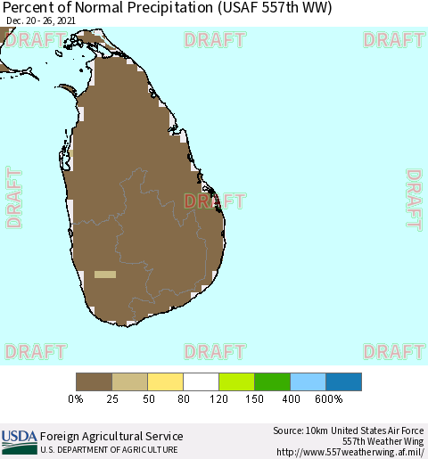 Sri Lanka Percent of Normal Precipitation (USAF 557th WW) Thematic Map For 12/20/2021 - 12/26/2021