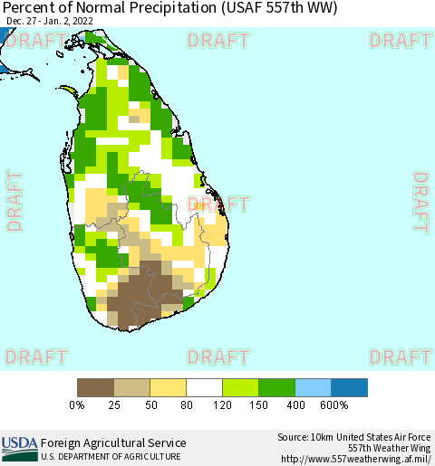 Sri Lanka Percent of Normal Precipitation (USAF 557th WW) Thematic Map For 12/27/2021 - 1/2/2022