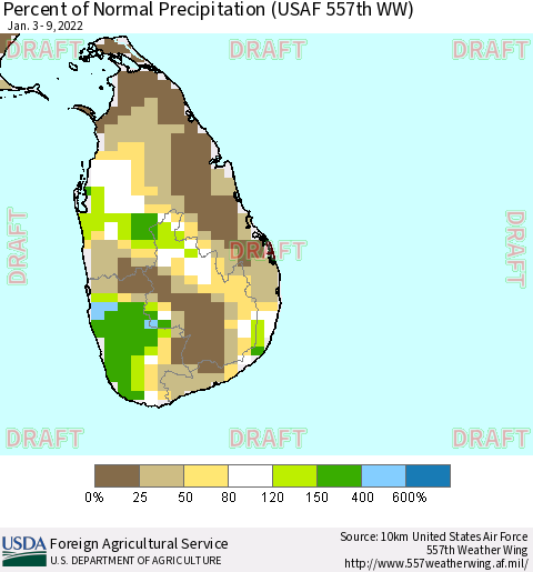 Sri Lanka Percent of Normal Precipitation (USAF 557th WW) Thematic Map For 1/3/2022 - 1/9/2022