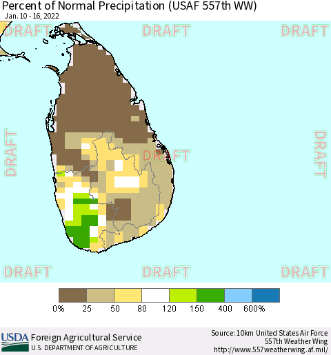 Sri Lanka Percent of Normal Precipitation (USAF 557th WW) Thematic Map For 1/10/2022 - 1/16/2022