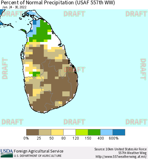 Sri Lanka Percent of Normal Precipitation (USAF 557th WW) Thematic Map For 1/24/2022 - 1/30/2022