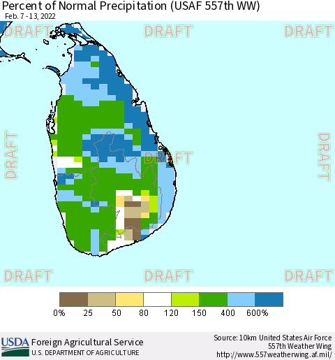 Sri Lanka Percent of Normal Precipitation (USAF 557th WW) Thematic Map For 2/7/2022 - 2/13/2022