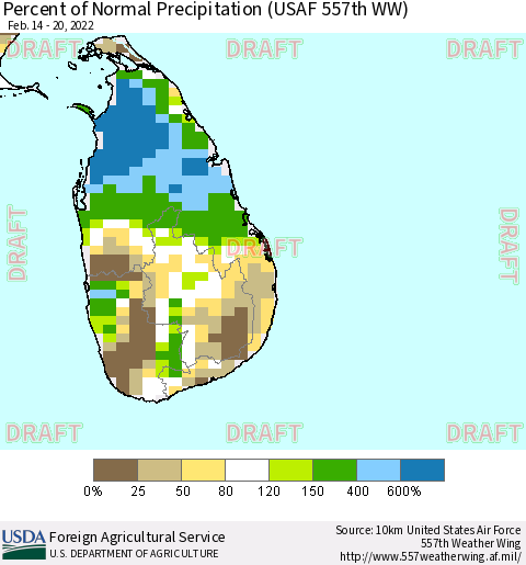 Sri Lanka Percent of Normal Precipitation (USAF 557th WW) Thematic Map For 2/14/2022 - 2/20/2022