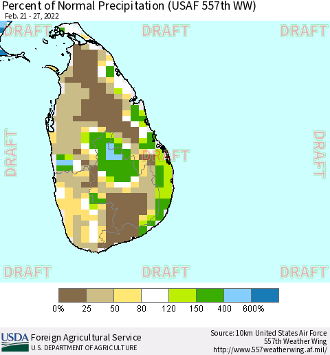 Sri Lanka Percent of Normal Precipitation (USAF 557th WW) Thematic Map For 2/21/2022 - 2/27/2022
