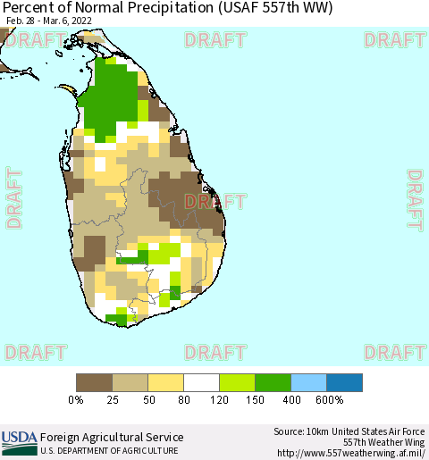 Sri Lanka Percent of Normal Precipitation (USAF 557th WW) Thematic Map For 2/28/2022 - 3/6/2022