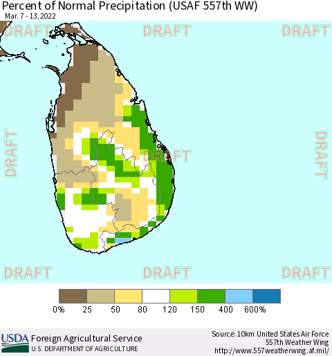 Sri Lanka Percent of Normal Precipitation (USAF 557th WW) Thematic Map For 3/7/2022 - 3/13/2022