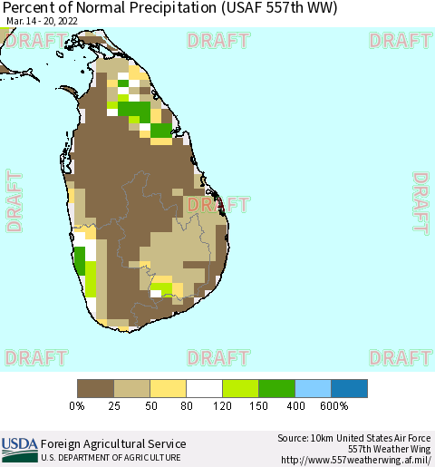 Sri Lanka Percent of Normal Precipitation (USAF 557th WW) Thematic Map For 3/14/2022 - 3/20/2022