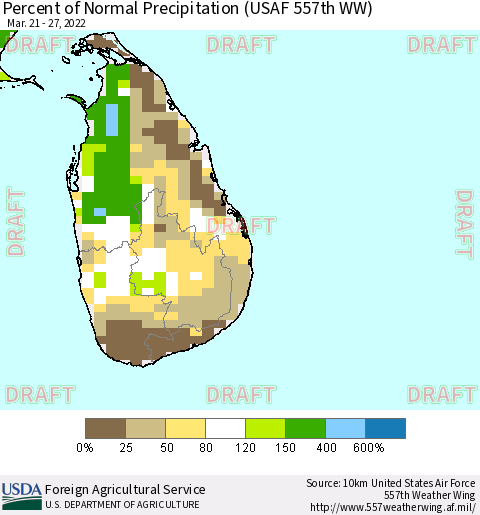 Sri Lanka Percent of Normal Precipitation (USAF 557th WW) Thematic Map For 3/21/2022 - 3/27/2022