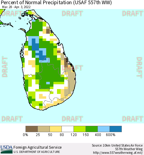 Sri Lanka Percent of Normal Precipitation (USAF 557th WW) Thematic Map For 3/28/2022 - 4/3/2022