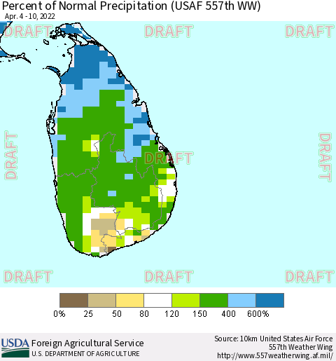 Sri Lanka Percent of Normal Precipitation (USAF 557th WW) Thematic Map For 4/4/2022 - 4/10/2022