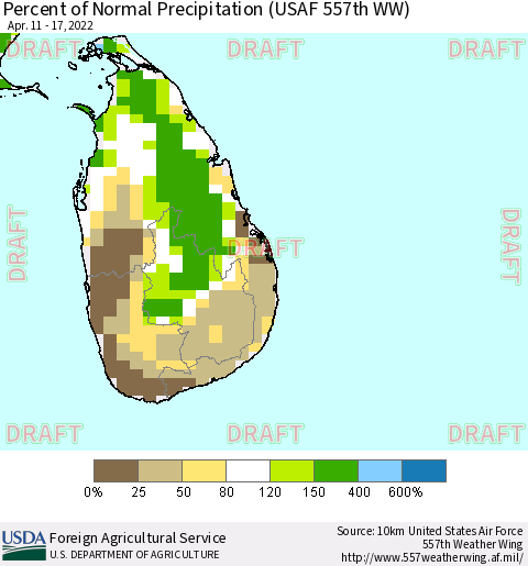 Sri Lanka Percent of Normal Precipitation (USAF 557th WW) Thematic Map For 4/11/2022 - 4/17/2022