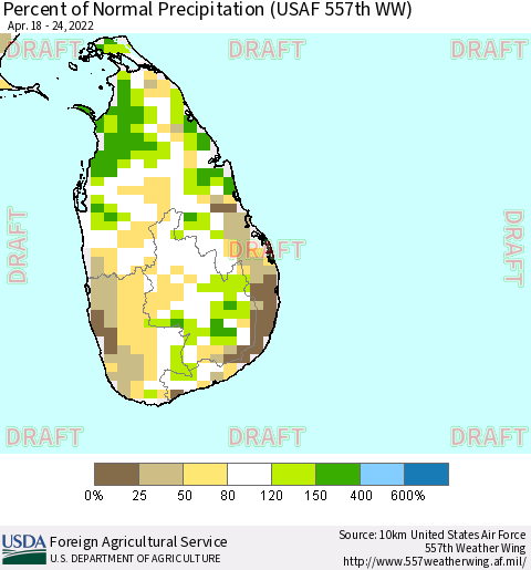 Sri Lanka Percent of Normal Precipitation (USAF 557th WW) Thematic Map For 4/18/2022 - 4/24/2022