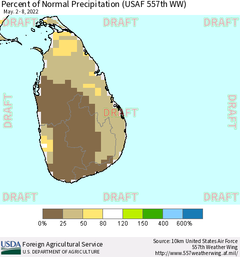Sri Lanka Percent of Normal Precipitation (USAF 557th WW) Thematic Map For 5/2/2022 - 5/8/2022